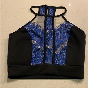 Black crop top with blue lace. Halter style small